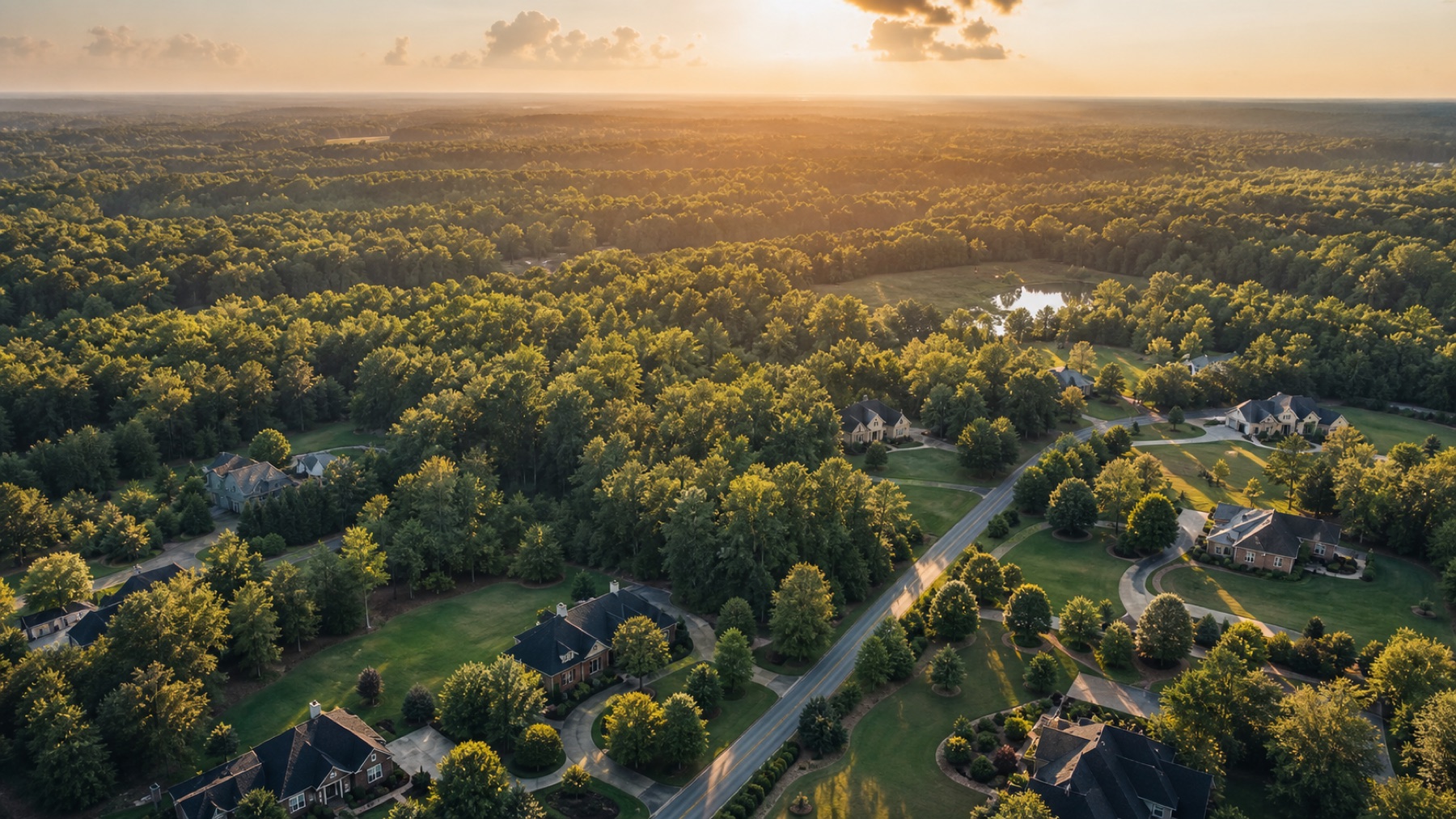 Editorial aerial view inspired by Henry County's tree-lined residential landscape