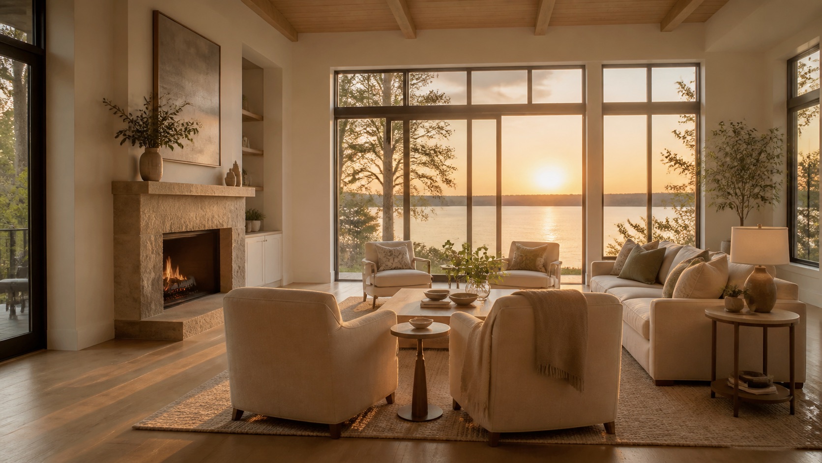 Warm luxury living room overlooking a Georgia lake at sunset