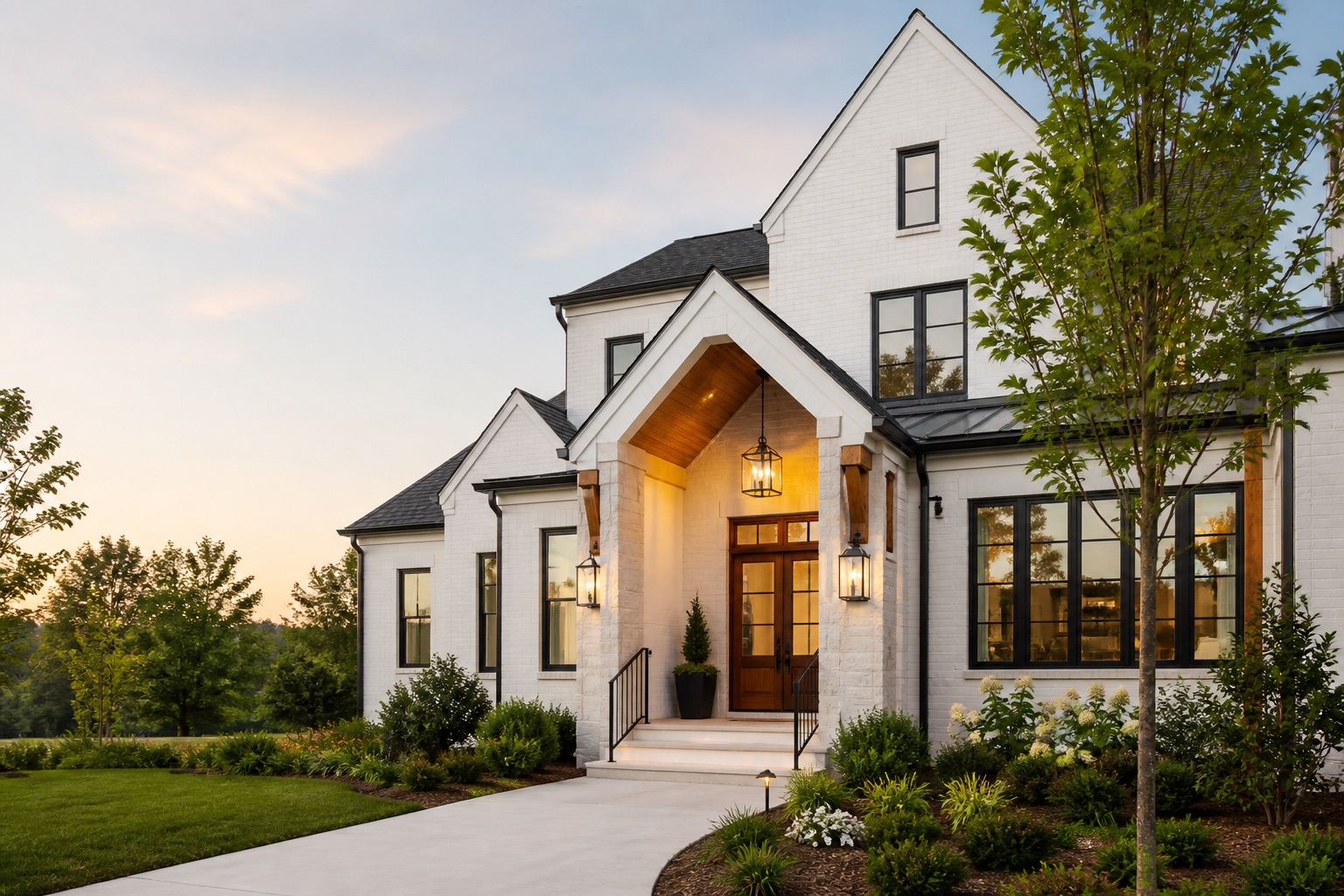 Modern white new-construction home with black windows and warm evening light